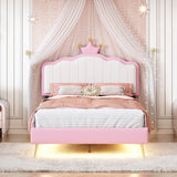 Twin Upholstered Princess Bed with Crown Headboard, Light Strips, Golden Legs - White/Pink