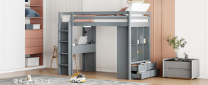 English Elm Twin Loft Bed with Built-in Desk Open Shelving and Led Lighting for Kids Rooms Gray LT000366AAE