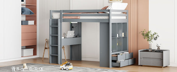 English Elm Twin Loft Bed with Built-in Desk Open Shelving and Led Lighting for Kids Rooms Gray LT000366AAE
