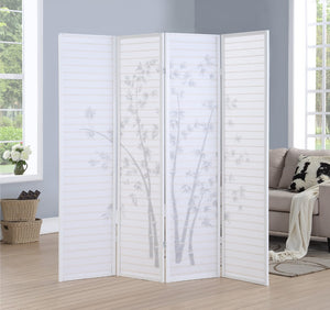 English Elm Bamboo Print 4-Panel Framed Room Screen/Divider, White