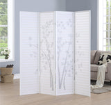 Bamboo Print 4-Panel Room Screen, White - Sturdy & Stylish Divider