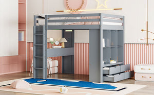 English Elm Full Size Loft Bed with Built-in Desk Shelves Led Lighting and Drawer Storage LT000367AAE