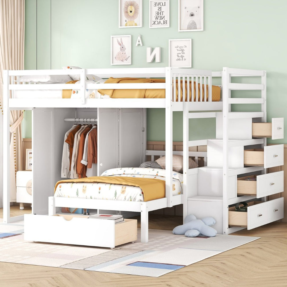 English Elm Full Over Twin Bunk Bed with Wardrobe Staircase Drawers for Shared Kids Rooms LT001606AAK