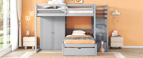 English Elm Full Over Twin Bunk Bed with Wardrobe Staircase Drawers for Shared Kids Rooms LT001606AAE