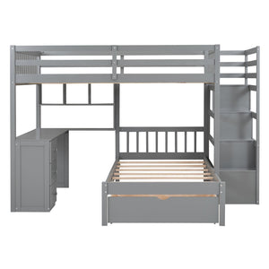 English Elm Full Over Twin Bunk Bed with Staircase Drawers Desk and Shelves in Gray Gray LT001605AAE-1