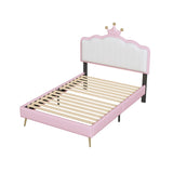 English Elm Twin Size Upholstered Princess Bed With Crown Headboard,Twin Size Platform Bed With Headboard and Footboard With Light Strips,Golden Metal Legs, White+Pink