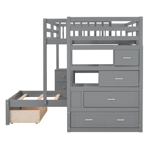 English Elm Full Over Twin Bunk Bed with Staircase Drawers Desk and Shelves in Gray Gray LT001605AAE-1
