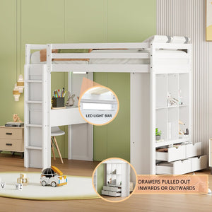 English Elm Twin Loft Bed with Built-in Desk Open Shelving and Led Lighting for Kids Rooms White LT000366AAK