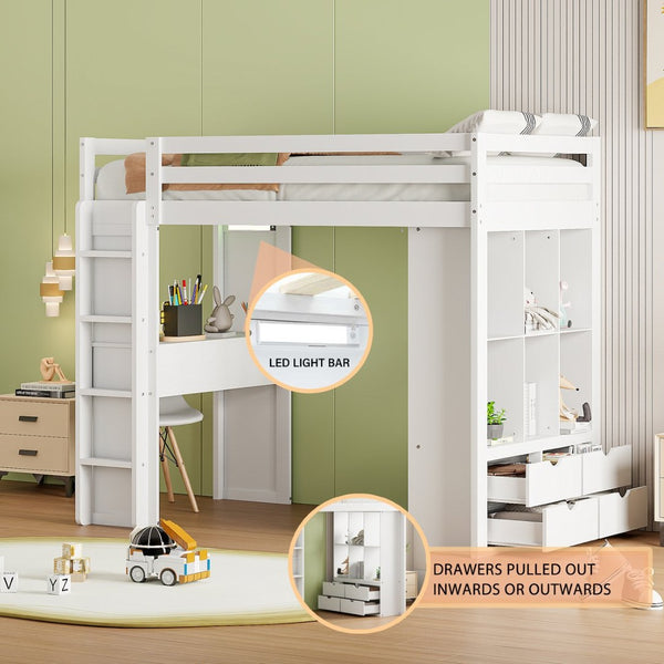 English Elm Twin Loft Bed with Built-in Desk Open Shelving and Led Lighting for Kids Rooms White LT000366AAK