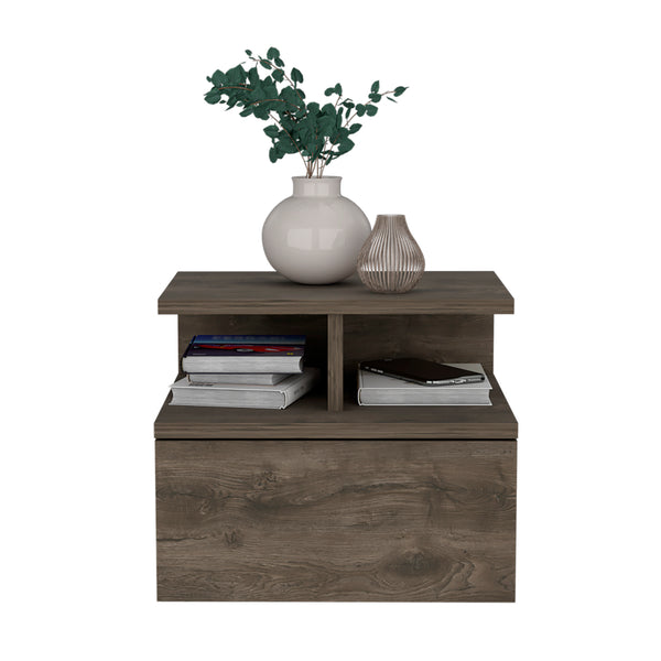 English Elm Floating Nightstand Sleek Wall-Mounted Cement-Look Organizer with Single Drawer and Two Shelves for Compact Bedrooms and Modern Minimalist Spaces Brown 17.71 L x 17.32 W x 3.94 H B097133173