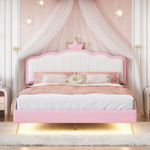 English Elm Full Size Upholstered Princess Bed With Crown Headboard,Full Size Platform Bed With Headboard and Footboard With Light Strips,Golden Metal Legs, White+Pink