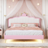 Hearth and Haven Full Size Upholstered Princess Bed with Crown Headboard, Full Size Platform Bed with Headboard and Footboard with Light Strips, Golden Metal Legs, White+Pink WF315551AAH