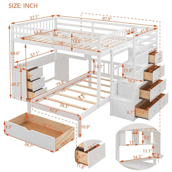 English Elm Full Over Twin Bunk Bed with Staircase Drawers Desk and Shelves in Gray White LT001605AAK-2
