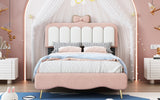 English Elm Twin Size Velvet Princess Bed With Bow-Knot Headboard,Twin Size Platform Bed With Headboard and Footboard,White+Pink