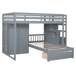 English Elm Full Over Twin Bunk Bed with Wardrobe Staircase Drawers for Shared Kids Rooms LT001606AAE