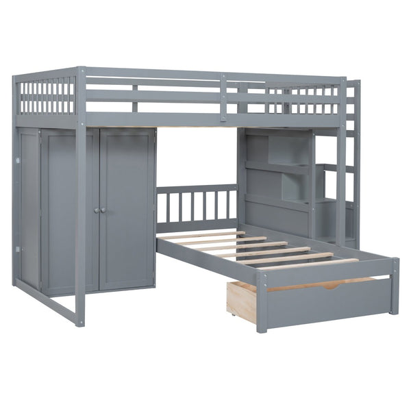 English Elm Full Over Twin Bunk Bed with Wardrobe Staircase Drawers for Shared Kids Rooms LT001606AAE