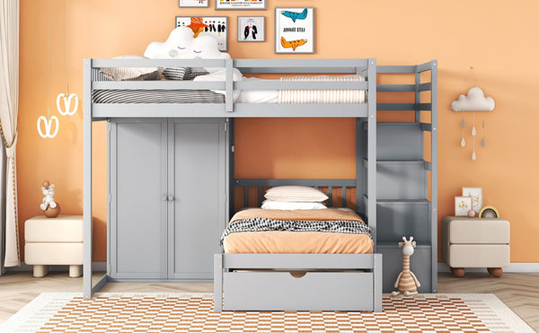 English Elm Full Over Twin Bunk Bed with Wardrobe Staircase Drawers for Shared Kids Rooms LT001606AAE