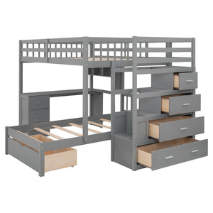 English Elm Full Over Twin Bunk Bed with Staircase Drawers Desk and Shelves in Gray LT001605AAE