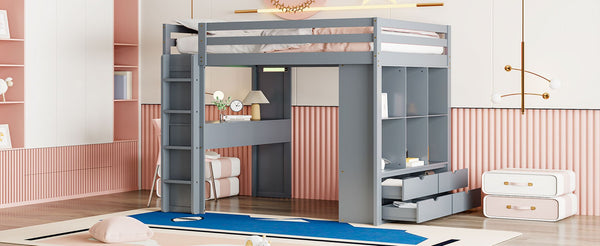 English Elm Full Size Loft Bed with Built-in Desk Shelves Led Lighting and Drawer Storage LT000367AAE