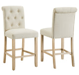 Set of 2 Tan Button Tufted Counter Stools - Solid Wood, 25.5