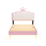 English Elm Twin Size Upholstered Princess Bed With Crown Headboard,Twin Size Platform Bed With Headboard and Footboard With Light Strips,Golden Metal Legs, White+Pink