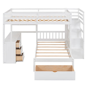 English Elm Full Over Twin Bunk Bed with Staircase Drawers Desk and Shelves in Gray White LT001605AAK-2