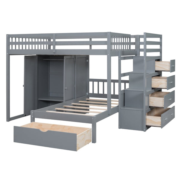 English Elm Full Over Twin Bunk Bed with Wardrobe Staircase Drawers for Shared Kids Rooms LT001606AAE