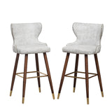 English Elm Nevis Mid-Century Modern Faux Leather Tufted Nailhead Trim Barstool Set Of 2, Off-White