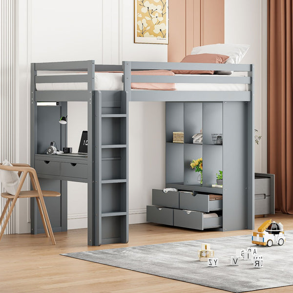 English Elm Twin Loft Bed with Built-in Desk Open Shelving and Led Lighting for Kids Rooms Gray LT000366AAE