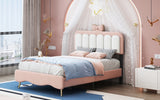 English Elm Twin Size Velvet Princess Bed With Bow-Knot Headboard,Twin Size Platform Bed With Headboard and Footboard,White+Pink