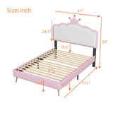 English Elm Twin Size Upholstered Princess Bed With Crown Headboard,Twin Size Platform Bed With Headboard and Footboard With Light Strips,Golden Metal Legs, White+Pink