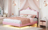 English Elm Full Size Upholstered Princess Bed With Crown Headboard,Full Size Platform Bed With Headboard and Footboard With Light Strips,Golden Metal Legs, White+Pink