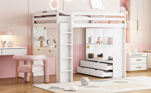English Elm Full Size Loft Bed with Built-in Desk Shelves Led Lighting and Drawer Storage LT000367AAK