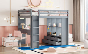 English Elm Full Size Loft Bed with Built-in Desk Shelves Led Lighting and Drawer Storage LT000367AAE