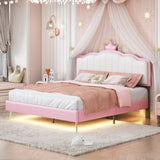 Full Size Upholstered Princess Bed with Crown Headboard, Full Size Platform Bed with Headboard and Footboard with Light Strips, Golden Metal Legs, White+Pink
