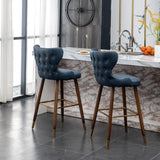 English Elm Nevis Mid-Century Modern Faux Leather Tufted Nailhead Trim Barstool Set Of 2, Blue