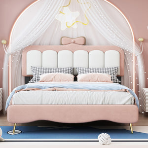 English Elm Full Size Velvet Princess Bed With Bow-Knot Headboard,Full Size Platform Bed With Headboard and Footboard,White+Pink