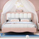 Hearth and Haven Full Size Velvet Princess Bed with Bow-Knot Headboard, Full Size Platform Bed with Headboard and Footboard, White+Pink WF315549AAH