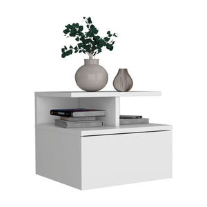 English Elm Floating Nightstand Sleek Wall-Mounted Cement-Look Organizer with Single Drawer and Two Shelves for Compact Bedrooms and Modern Minimalist Spaces White 17.71 L x 17.32 W x 3.94 H B097133176