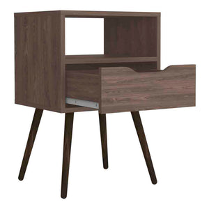 English Elm Nightstand In Dark Walnut Finish With Open Shelf & Drawer - Stylish Storage For Small Spaces B092122933