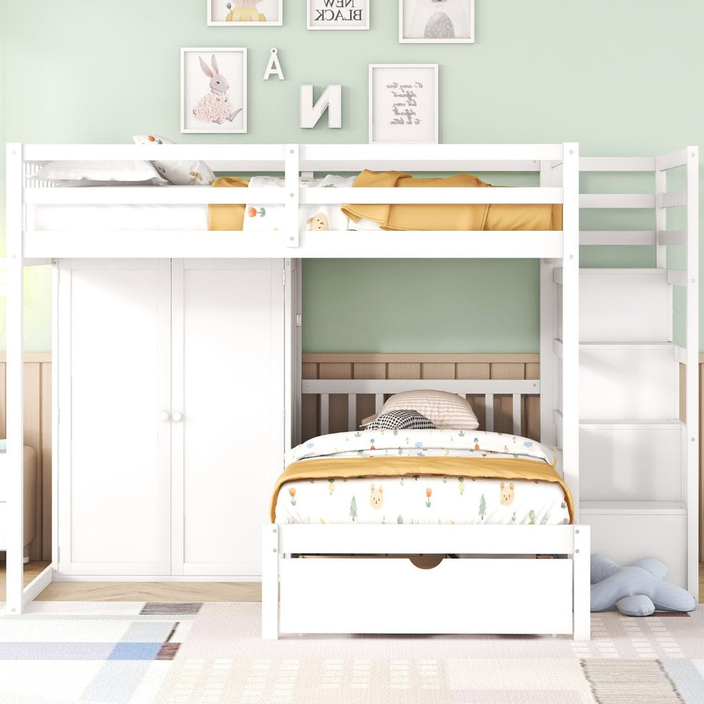 English Elm Full Over Twin Bunk Bed with Wardrobe Staircase Drawers for Shared Kids Rooms LT001606AAK