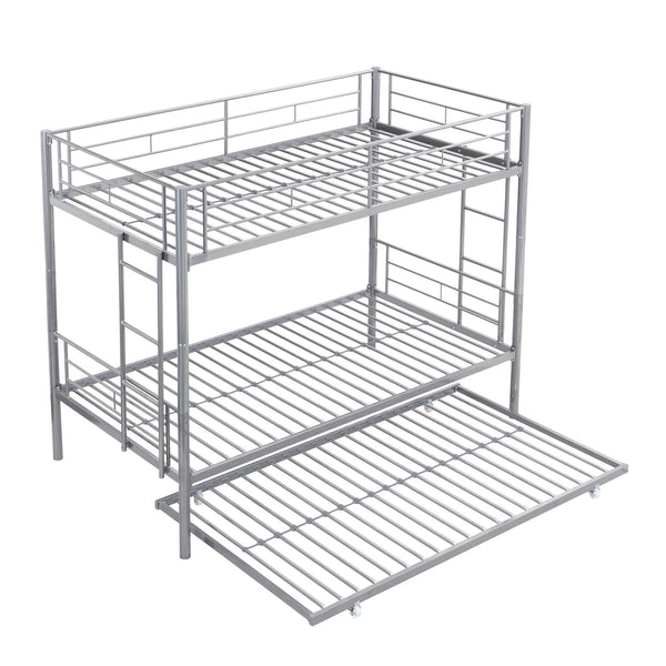 English Elm METAL Silver Bunk Bed with Pull-Out Trundle, Sturdy Steel Frame, Space-Saving, Quiet, Safe Stairs W2297P165044