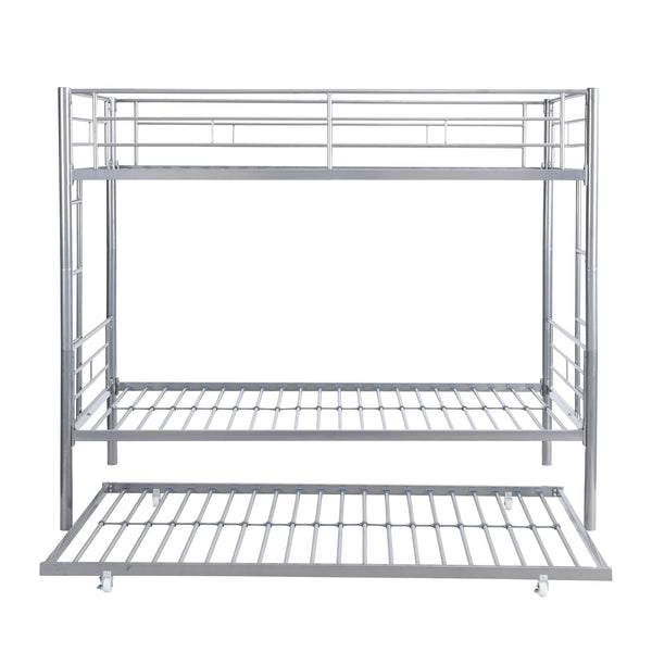English Elm METAL Silver Bunk Bed with Pull-Out Trundle, Sturdy Steel Frame, Space-Saving, Quiet, Safe Stairs W2297P165044