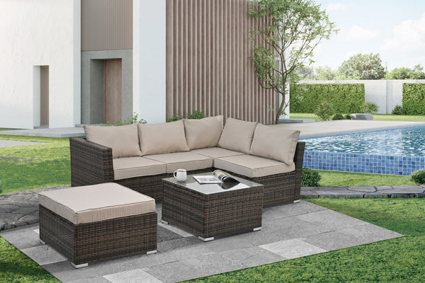 English Elm Patio 4-Piece Wicker Furniture Set With Glass Coffee Table, Cushions For Ultimate Outdoor Comfort W1703S00017-GIGA