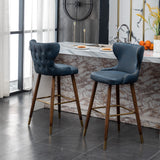 English Elm Nevis Mid-Century Modern Faux Leather Tufted Nailhead Trim Barstool Set Of 2, Blue