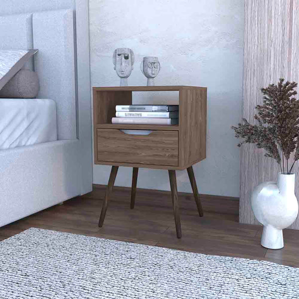 English Elm Nightstand In Dark Walnut Finish With Open Shelf & Drawer - Stylish Storage For Small Spaces B092122933