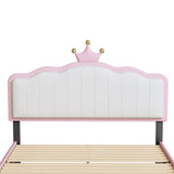 English Elm Full Size Upholstered Princess Bed With Crown Headboard,Full Size Platform Bed With Headboard and Footboard With Light Strips,Golden Metal Legs, White+Pink