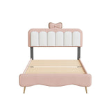 English Elm Twin Size Velvet Princess Bed With Bow-Knot Headboard,Twin Size Platform Bed With Headboard and Footboard,White+Pink