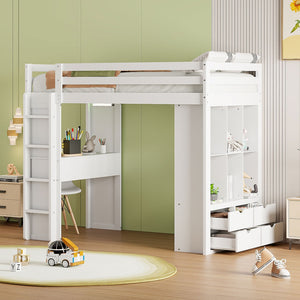 English Elm Twin Loft Bed with Built-in Desk Open Shelving and Led Lighting for Kids Rooms White LT000366AAK