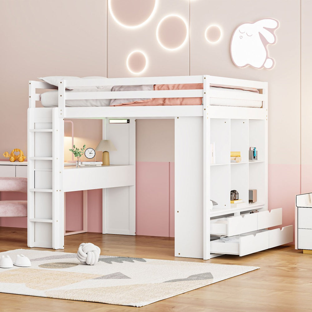 English Elm Full Size Loft Bed with Built-in Desk Shelves Led Lighting and Drawer Storage LT000367AAK